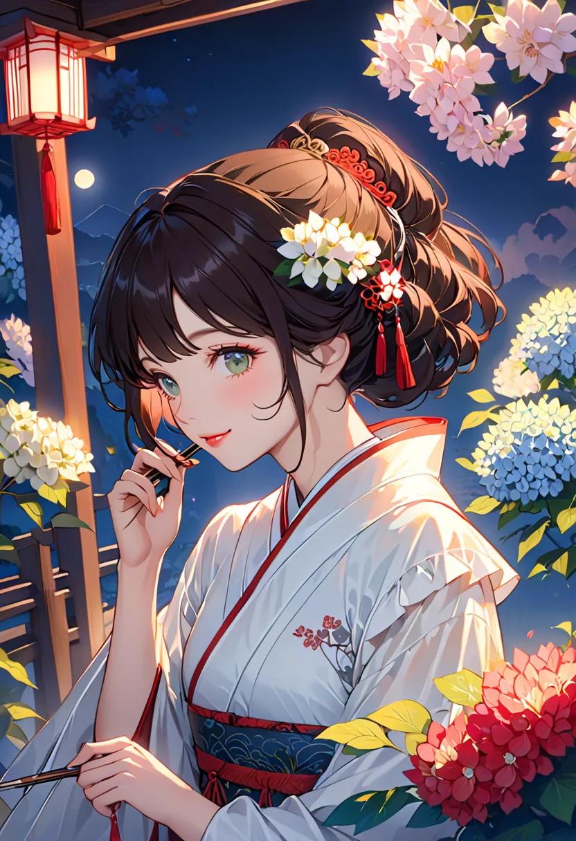 masterpiece, Highest, night ,  full moon,  female 1 person, mature woman, Chinese Style, ancient China, sister, Royal Sister, smile, dark brown hair,  with dark hair, princess cut, knitting glasses,  curly hair,  Double Ball Head,  pale pink lips ,  calm, ...