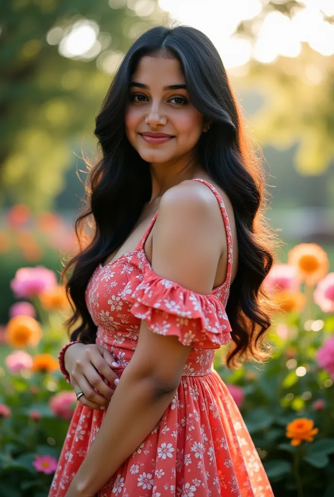 "A 25-year-old Indian woman named Muskan with fair skin and a curvy figure, featuring a heavy chest and back while maintaining a slim waist. She has long, wavy black hair, deep expressive eyes, and full lips, giving her a graceful and confident look. Her f...