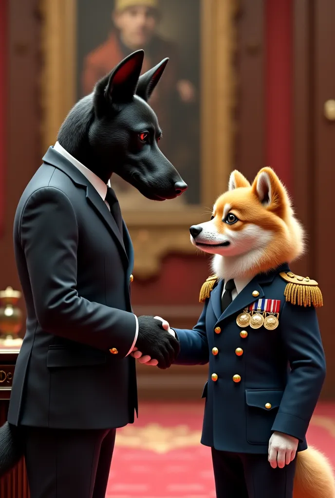 Generate an agreement between an elegantly dressed black political dog and a Pomeranian dog dressed as a military general shaking hands 