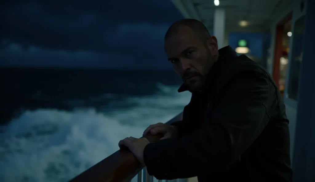 Scene: Jason Statham (Jonas) stands on the deck of a research ship at night, gripping the railing. The dark ocean stretches endlessly, waves crashing against the ship. His face is illuminated by the ship’s dim emergency lights, showing deep concern.

Camer...