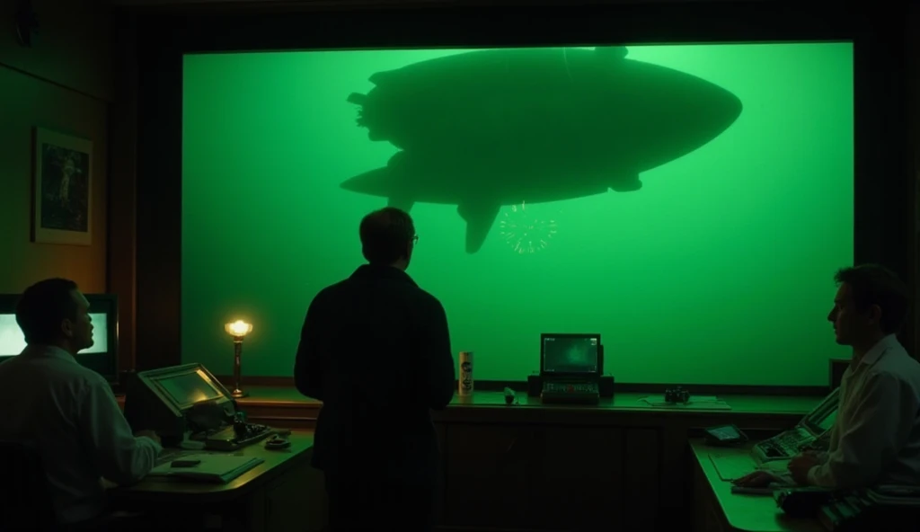 Scene: Jonas walks into the ship’s control room, where scientists stare at a radar screen showing a massive, unidentified object moving rapidly underwater. The beeping sound increases in frequency.

Camera Angle: Over-the-shoulder shot, focusing on the glo...