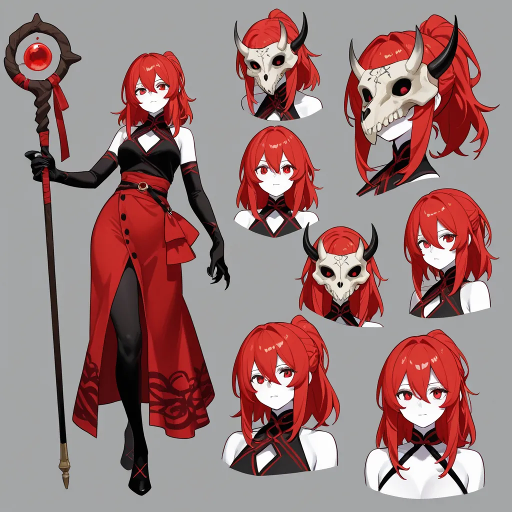 2D Disney cartoon she is a tall girl with thick red hair and white skin bright red eyes and claws and with an animal skull mask, on face , dressed as an 18+ shaman with a full-length staff night pose ✨