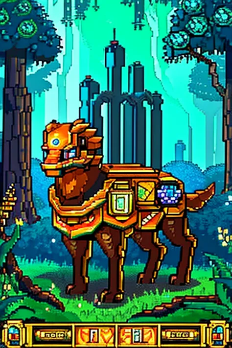 Make a quadruped hybrid creature of biotechnology and ancient energy, resident of a corrupted utopian forest. The beast must show mechanical and organic elements fused with visible magical energy. Forest background with advanced technology and ancient ruin...