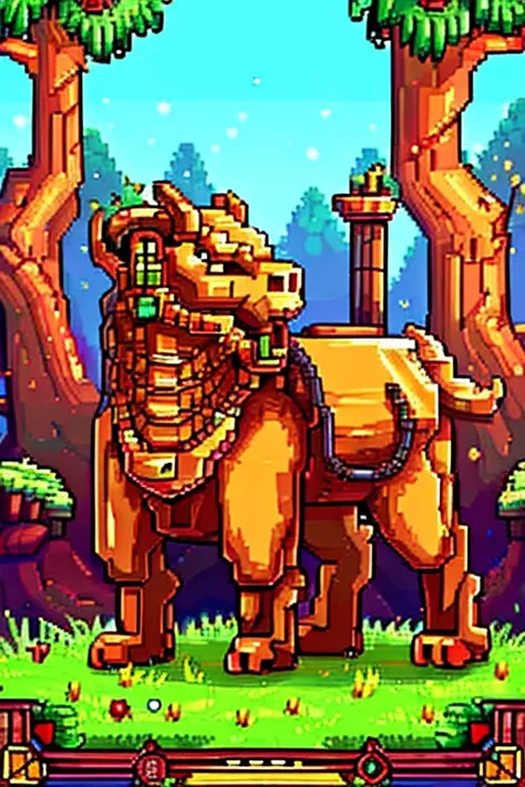 Make a quadruped hybrid creature of biotechnology and ancient energy, resident of a corrupted utopian forest. The beast must show mechanical and organic elements fused with visible magical energy. Forest background with advanced technology and ancient ruin...