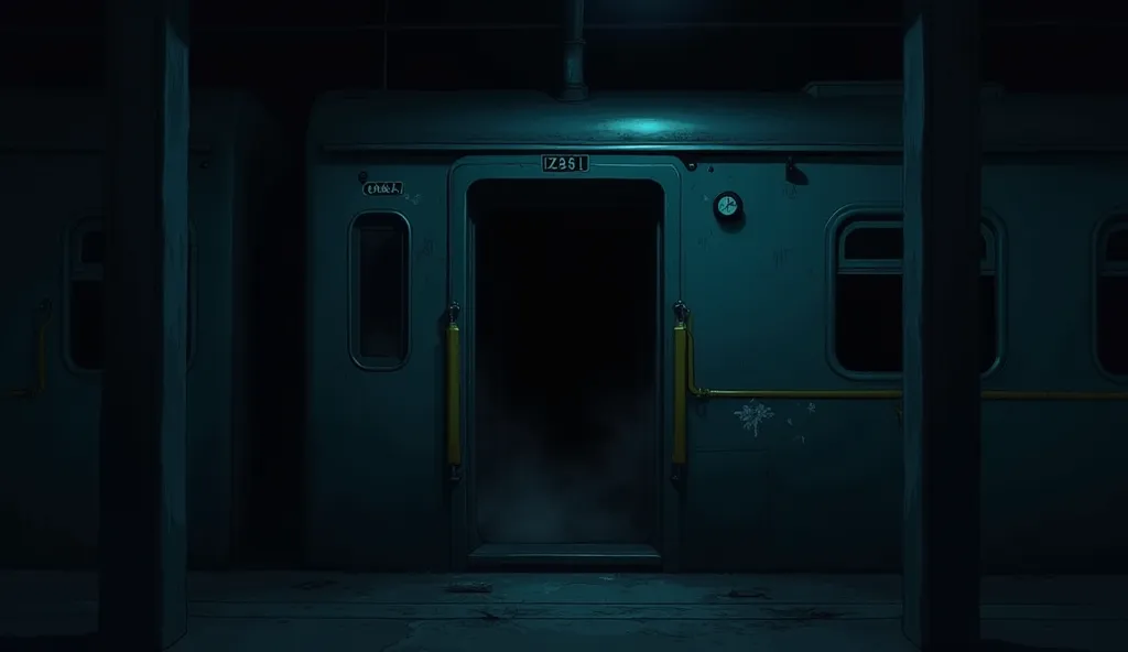 Anime style illustration of a  "A first-person perspective (POV) of the same eerie, abandoned Japanese train at midnight. The train door, once tightly shut, is now slightly open, revealing pitch-black darkness inside. A cold mist drifts from within, and fa...