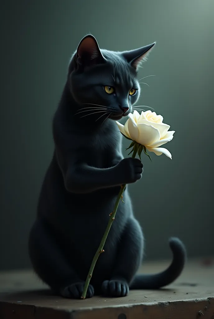 Sorry cat holding a white rose 