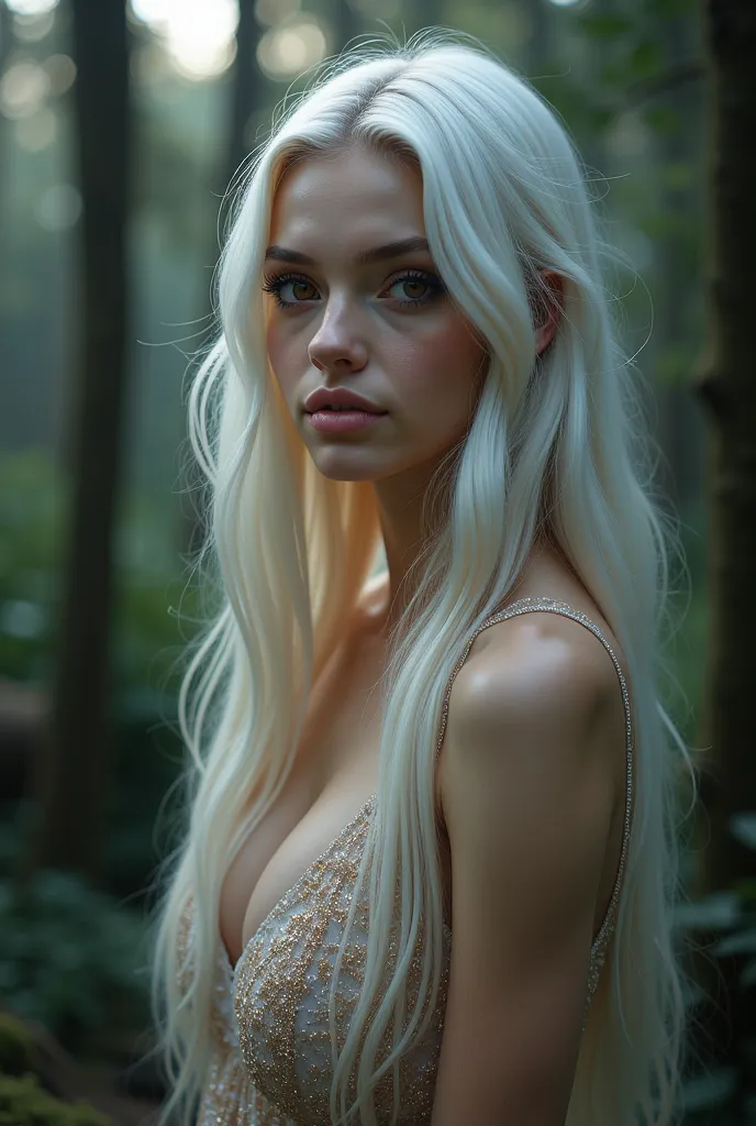 Beautiful girl with long white hair, Fair skin, And red eyes, In the woods with cinematic lighting, It&#39;s dark and there&#39;s little light. She is wearing a golden white dress, Her eyes were focused, Looking at the audience. Her skin is white, Her face...