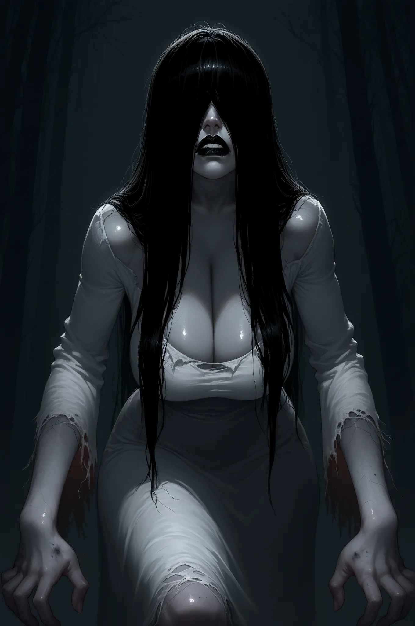  General,  highres, ultra-detailed, very aesthetic, best quality, best hands,  horror \(theme\), (super realistic, realistic), 
1 girl, Alone,Sadako DG, 
break 貞子, pale skin, long hair, big breasts,  black hair, pale skin, Dirty Skin, white dress, torn clo...