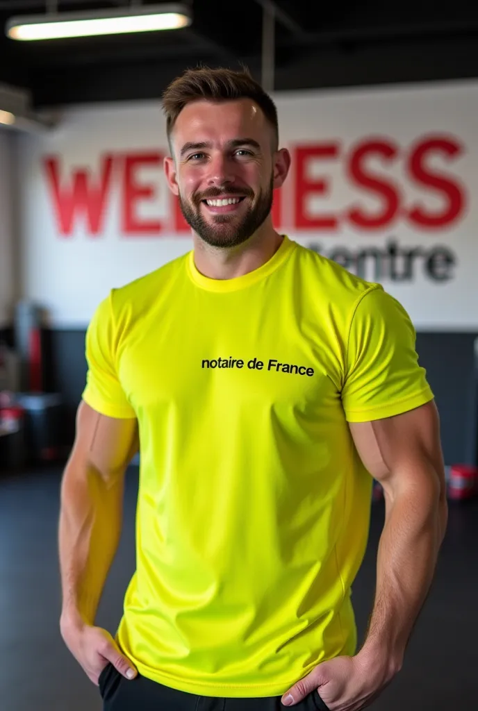 Un homme tout maigre qui porte un tee-shirt jaune fluo ou est écrit " notaire de France" se trouve au milieu d'une salle de sport de musculation. La salle s'appelle "WELNESS CENTER" qui est écrit en rouge sur le mur du fond