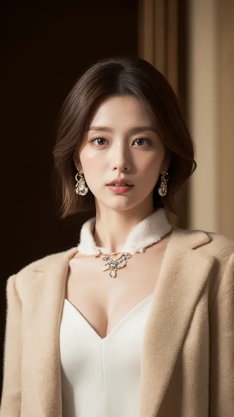 ((8k:1.27), Highest quality, masterpiece, ultra highres:1.2) beautiful日本人女性の 写真, (beautiful:1.1) (Multiple fine jewellery:1.1), (sexy:1.61) (fur coats:1.21)  intricate and elegant ,  fantasy, exhaustive, Greg Rutkowski and Anne, beautiful日本のモデル, perfect ma...