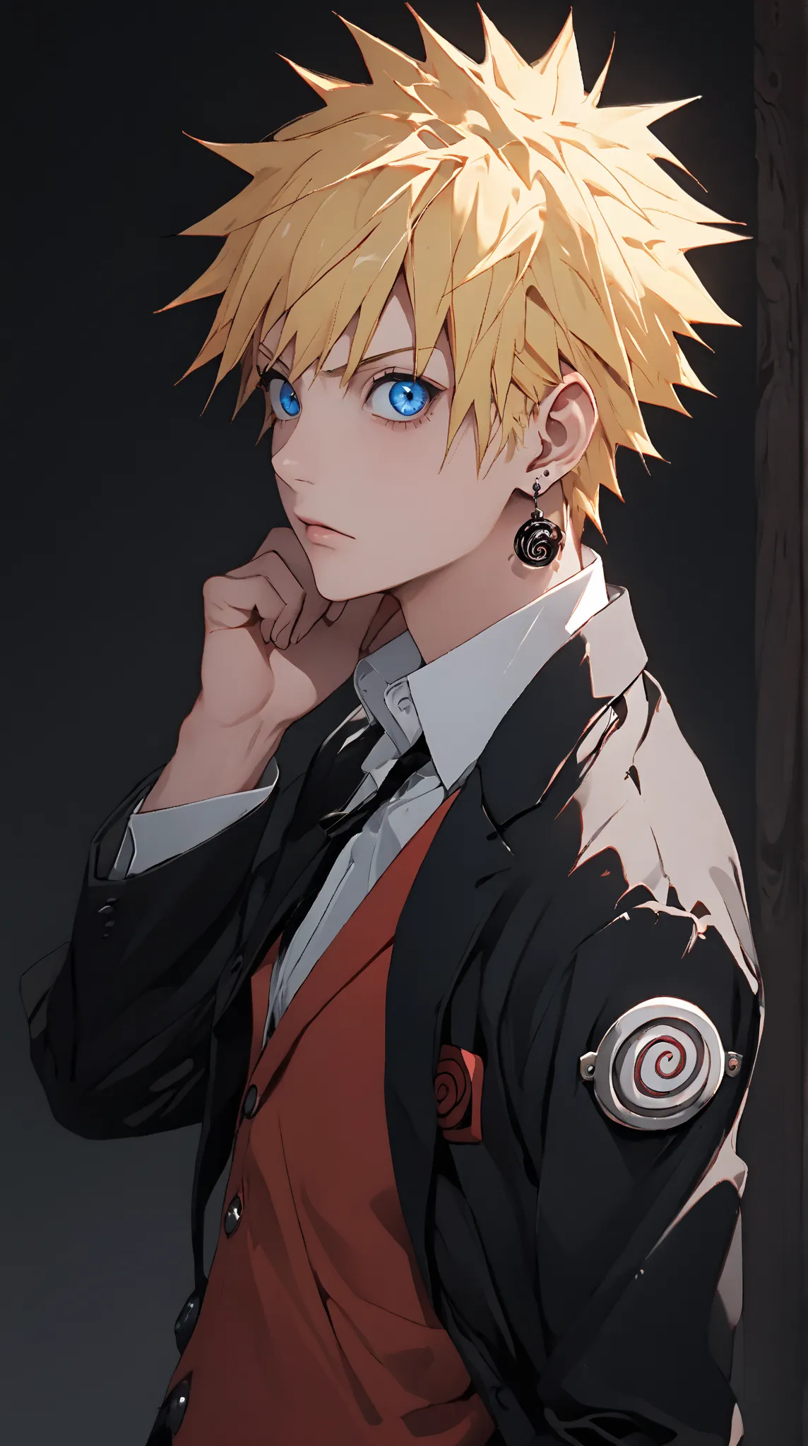 1boy, naruto uzumaki, naruto, tuxedo shirt, dark red theme, black backgrouns ,special eyes, High Resolution, Solo, Blue eyes, Short Hair, Earrings, Best Quality, Anatomically Correct, Masterpiece, Accurate, Blonde Hair, Anime Style, Gothic Art, 