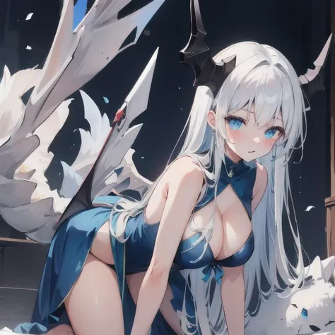 A demonic-looking girl having sex with her male twin brother, in a scissors position, in a fantasy royal court decorated with dragon heads. The girl has curved white horns and bat-like wings with scales, white with a silvery tint, extending behind her. Her...