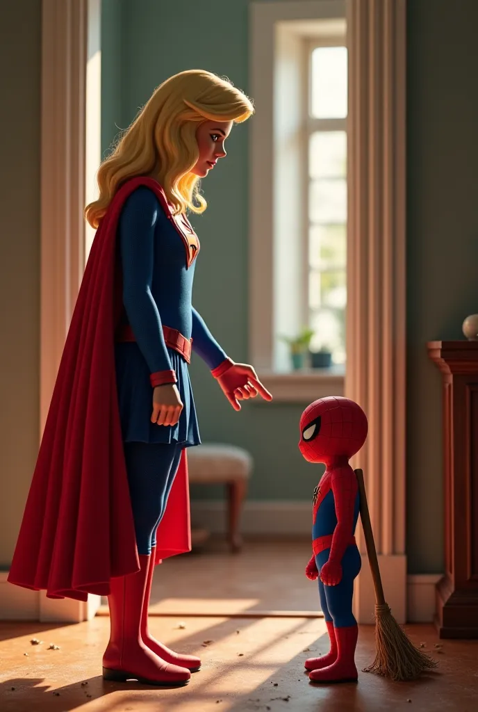 "Inside a beautifully designed room, Supergirl, with an intense and angry expression, is standing in front of the small Spider-Man, who looks guilty and a bit shocked. Supergirl, holding the broom in her hand, is forcefully telling the small Spider-Man to ...