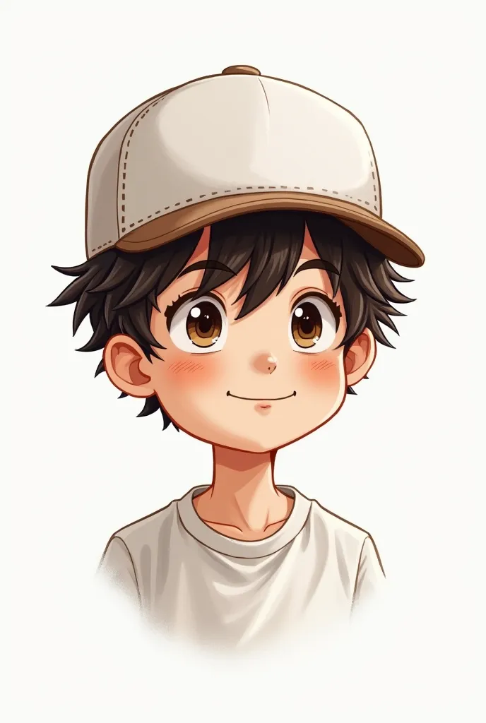 drawn illustration of a boy with dark brown hair and a white baseball cap 