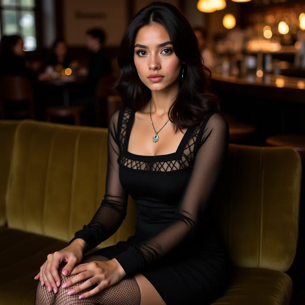 A stunning young woman is seated on a plush, olive-green velvet couch. She's wearing an elegant black dress with sheer, long sleeves and a square-cut neckline with geometric detailing. Her legs are adorned with patterned stockings, adding a touch of sophis...