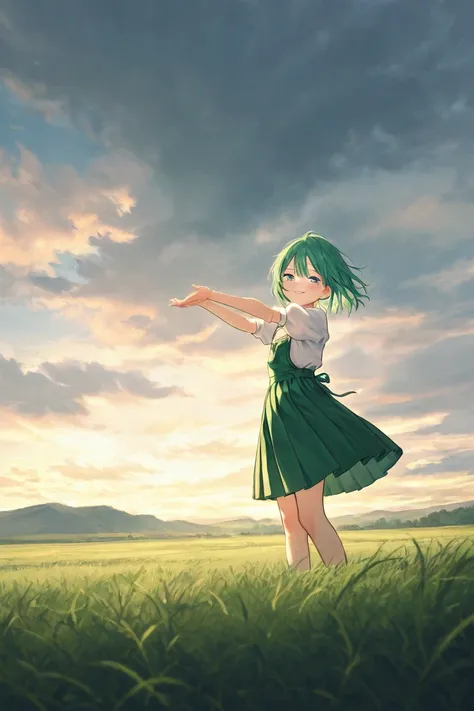 grass, hill, shamrock, 1girl, large breasts, green, skirt, blouse, windy, 