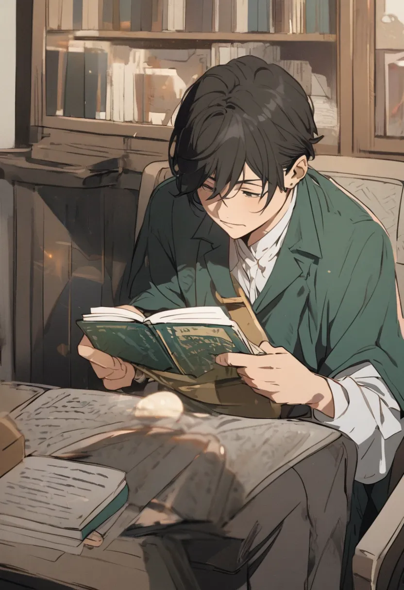 A male character reading a book, learning 