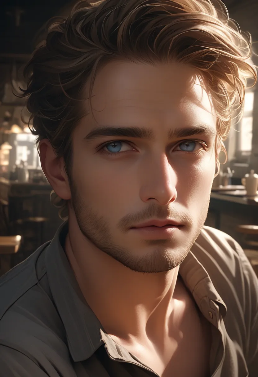 A realistic portrait of a man named Daniel Walker, 32 years old, with light brown, slightly wavy hair kept in a practical cut. He has calm, blue-gray eyes that often reveal a hint of melancholy. His skin is fair with a light blush on his cheeks, and he has...