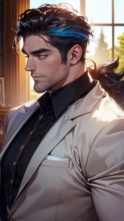 (    best quality,4K,8k,     highres,    masterpiece :1.2),    ultra-detailed    ,(Realistic,photoRealistic,photo-Realistic:1.37),36-year-old man,3 day beard,Beautiful anime,Portraits,strong,masculine,      with black hair  ,sharp jaw,         mesmerizing ...