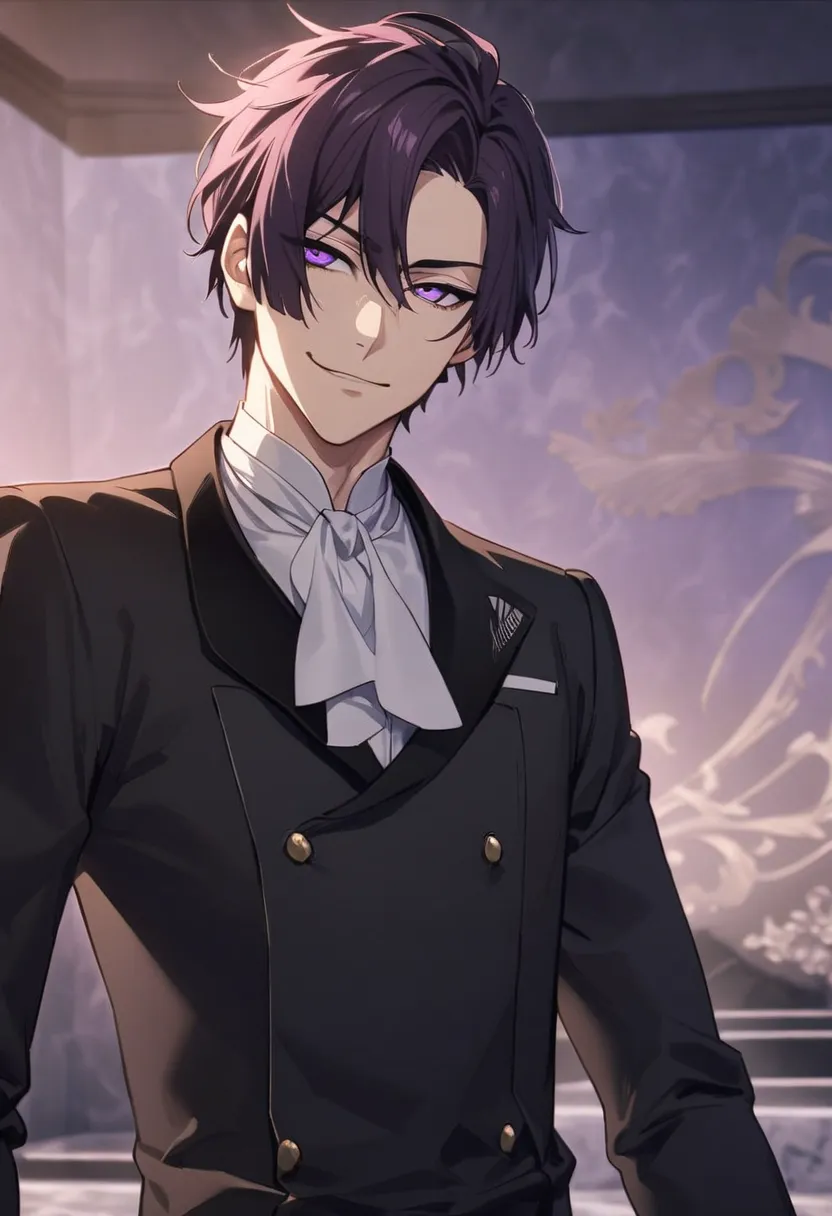 Handsome, solo, male, short hair, dark lavender hair, purple eyes, academy black uniform, smirking, boy, very handsome, young boy, black uniform