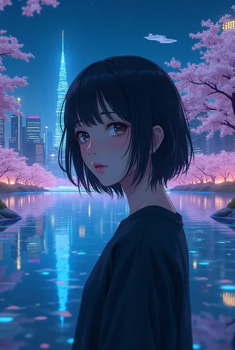  * Basics:
   * A Japanese woman in her 20s with wet black hair and short shaggy hair is standing
   * Future city with cherry blossoms blooming, night, neon,  skyscrapers
   * Sea made of crystals, sunset,  sandy beach, transparent
   * night空にオーロラが輝く雪山, ...