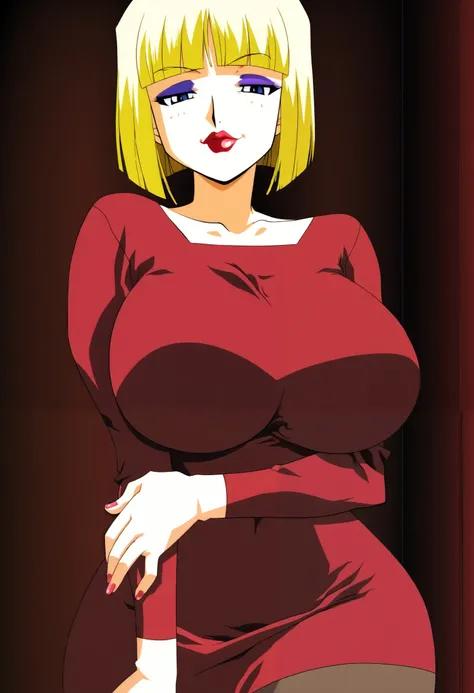 2000s anime style, anime screencap, lady, (mature woman),blonde hair, blue eyes, bob cut, blunt bangs, (cool smug:12) (small eyes:13) (round long face:13) (red lips) (huge lips:13) (purple eyeshadow:13) (red tube dress) (wide hips:13) (pink nails) (big bre...