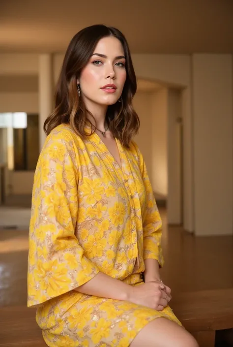 best quality, highres, 8k, masterpiece, photography, detailed midbody photorealistic portrait. Mandy Moore wears a bright yellow yukata featuring hand-painted banana blossom motifs, symbolizing summer and abundance. The fabric is light and airy, with subtl...