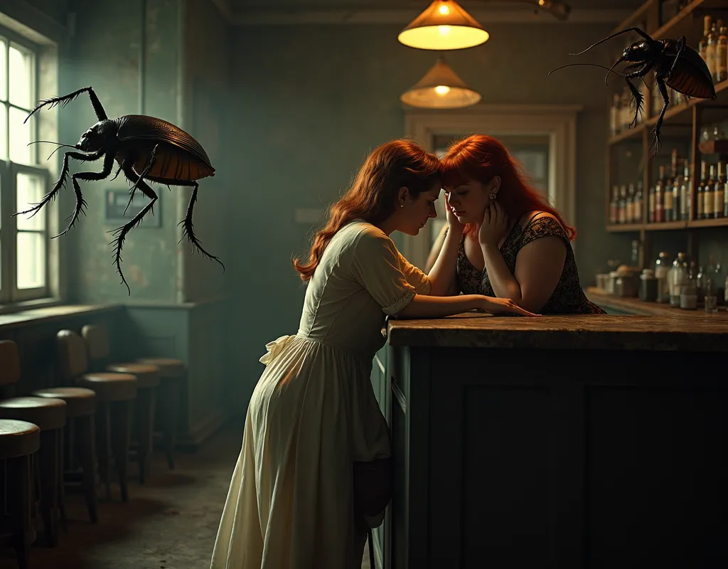 medium shot, at the counter of an obscure 1900s nightclub, on side: desperate woman in 1900s evening dress is consoled by chubby red hair lady, around are human sized cockroaches with their drinks, huge creepy cockroaches, dilapidated establishment, worryi...