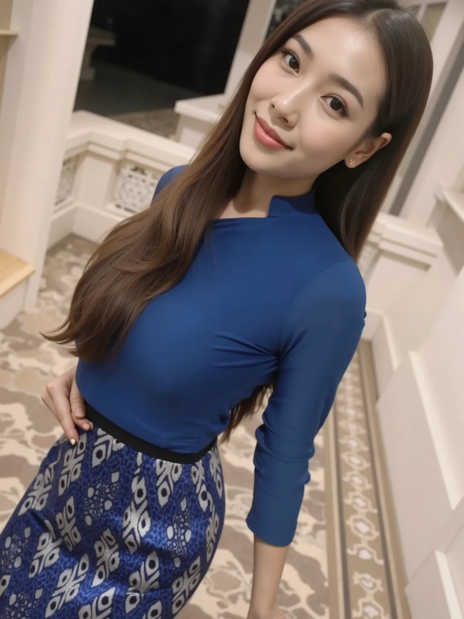 A hyper-realistic portrait of a stunning Thai woman wearing a form-fitting, ultra-tight cotton dress with intricate textile patterns, realistic fabric folds, and enhanced dress creases. The dress clings to her curvy hourglass figure, accentuating her round...