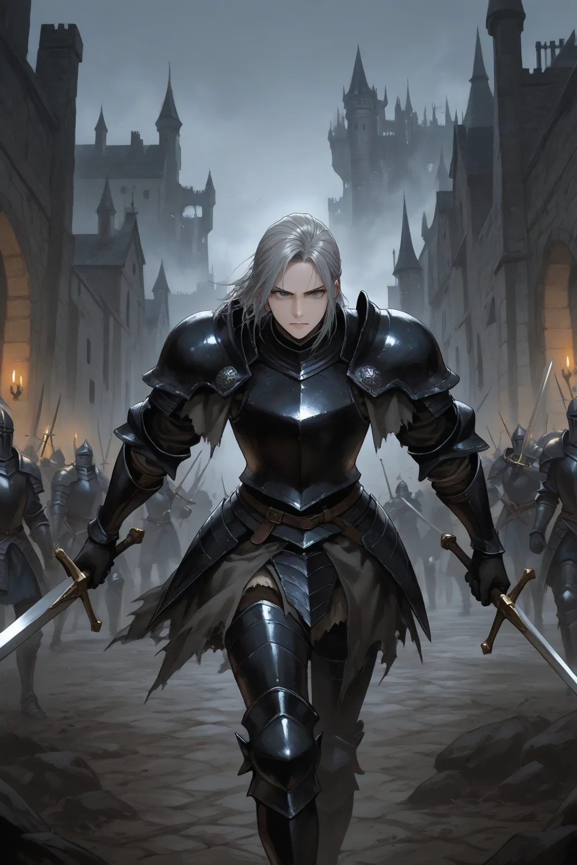  manga ,Gray Hair, Black Armor,Cool beauty,Ruined Castle,Medieval Battlefields, Black Knight,Two-handed sword