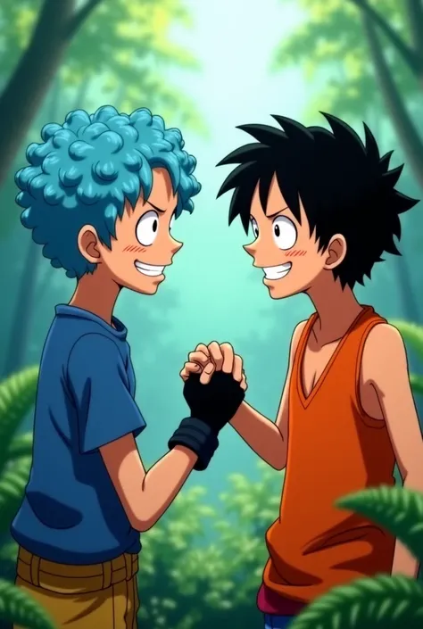 Painted  Screenshot from One Piece. An  boy with curly and sky-blue hair and silver eyes. He wears a blue shirt and black gloves. He greets and bumps fists with  Portgas D. Ace, a  boy, with wavy and black hair, freckles and wearing a sleeveless orange shi...