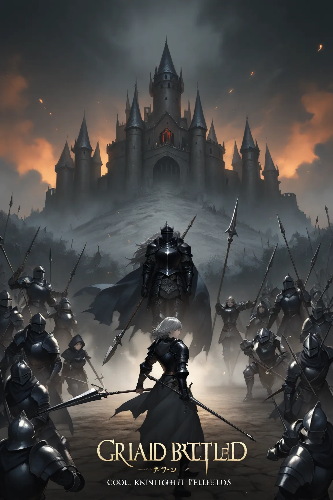  manga ,Gray Hair, Black Armor,Cool beauty,Ruined Castle,Medieval Battlefields, Black Knight,Long Spear,Dragon Knight