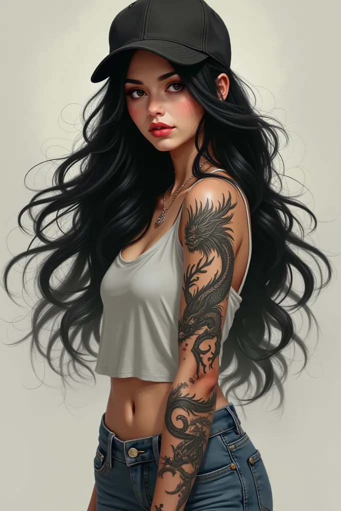 A girl with long, wavy and loose black hair, wearing casual clothes wearing a cap and a dragon tattoo on her left arm 