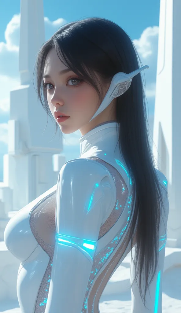 Close up photography, Far future, the woman warrior in a future city,black long hair, wear future techno transparent clothing with glowing blue and pure white element, with pure white shinny architecture, unusual cubical and spherical architercture backgro...