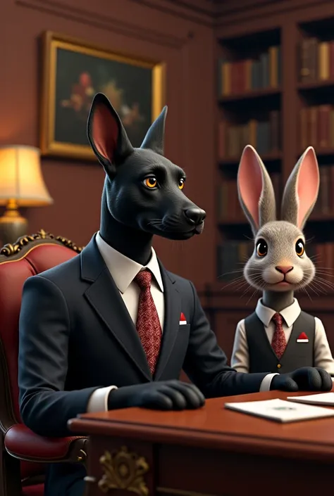 Make a black dog elegant politician in his office with a female secretary rabbit