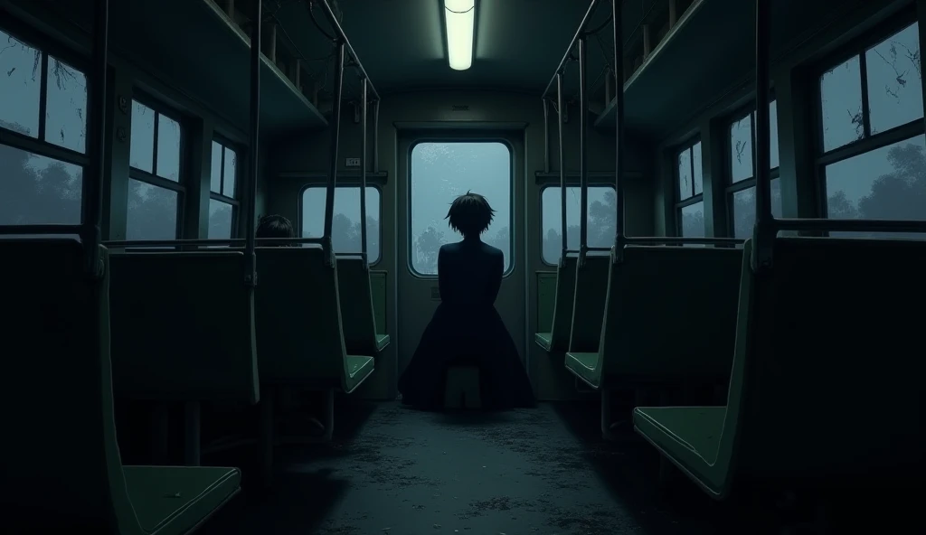 Anime style illustration of a A first-person perspective (POV) inside an eerie, abandoned Japanese train at midnight. The camera focuses on a lone passenger sitting motionless on a dusty seat, facing away. Their body appears unnaturally stiff, covered in f...