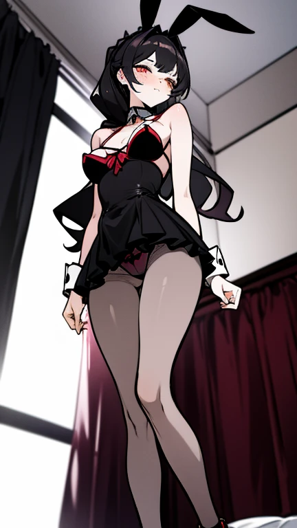  wearing panties , Waist length wavy black hair, penetrating gaze with deep red eyes,  average height, waist-length black hair, Silky hair with a ponytail hairstyle tied with a red ribbon with two white lines, has a vagina, has breasts, breast cup to, smal...