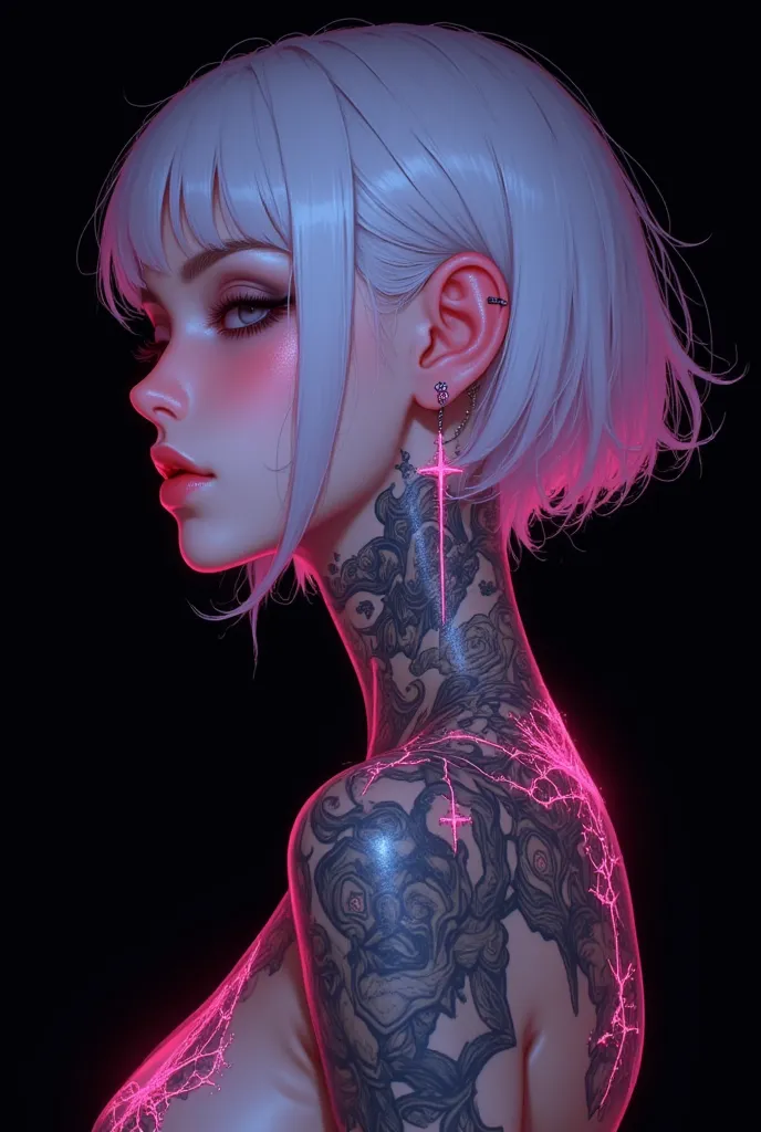 1 young woman,(Fluorescent pink tattoo with delicate design on neck and arms:1.5),((lidded eyes:1.4)),(looking down:1.3),(parted_lips:1.4),(intricate detailed:1.4),((Short hair with slightly curled white hair:1.4),Casual navel crop top,upper body,black bac...