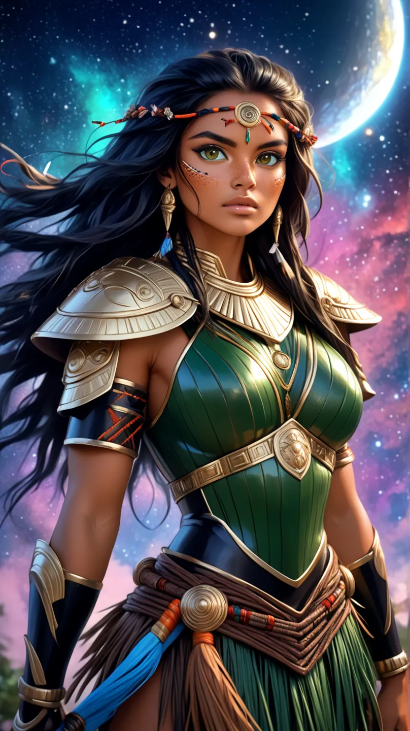 A young, tall, imposing Brazilian Guarani indigenous woman warrior, wearing shiny bronze armor that highlights her strong, feminine muscles. Her face is of rare beauty, with elegant features and an expression of determination and strength. Her skin is ligh...