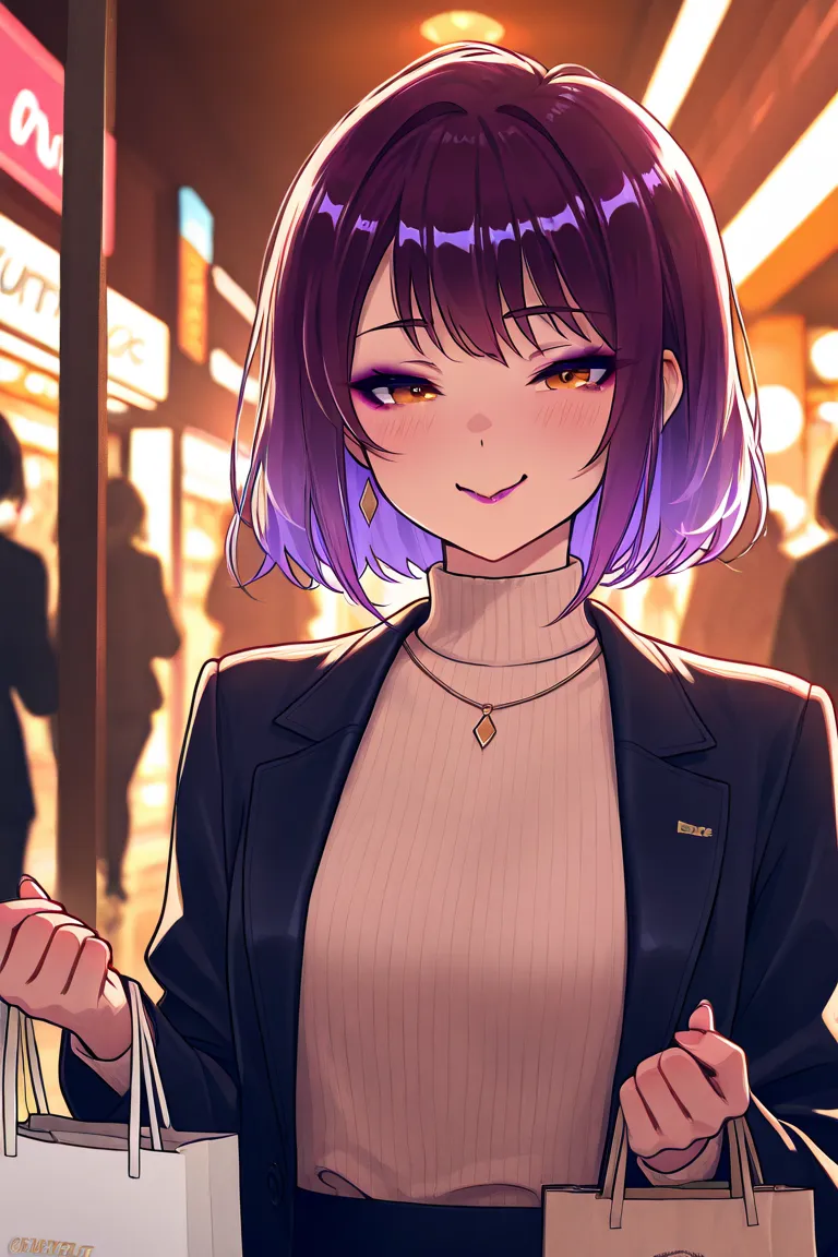  findom brat bimbo spoiled girl, purple hair, out shopping, makeup done, cute outfit, intricate detailed portrait,, expressive face, coy expression, holding shopping bags, stylish clothing, vibrant colors, luxury shopping district, warm afternoon light, ph...