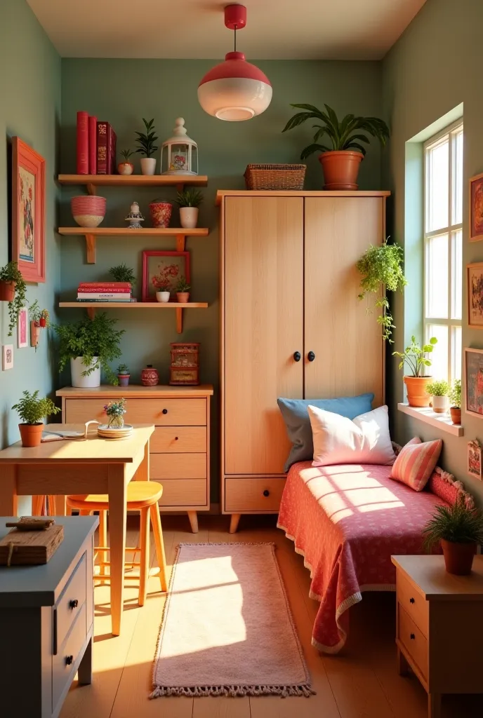 Small room design with table, a wardrobe and a bed in a cute style