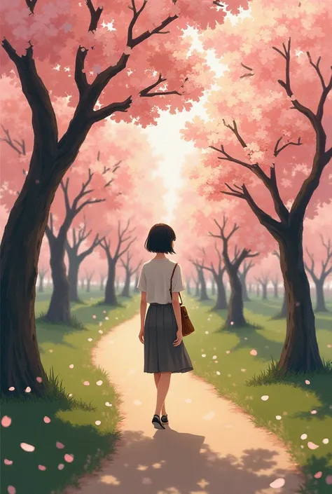 Lovely autumn cherry blossom trees、Cherry blossoms are not blooming、 woman with a short bob is walking