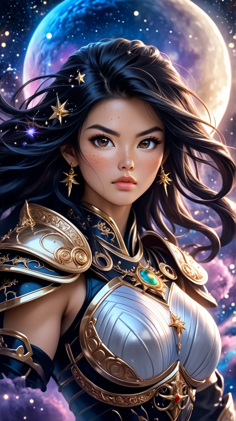 A young Asian warrior woman of tall, imposing stature, wearing shiny bronze armor that highlights her strong, feminine muscles. Her face is of rare beauty, with elegant features and an expression of determination and strength. Her skin is extremely milky w...