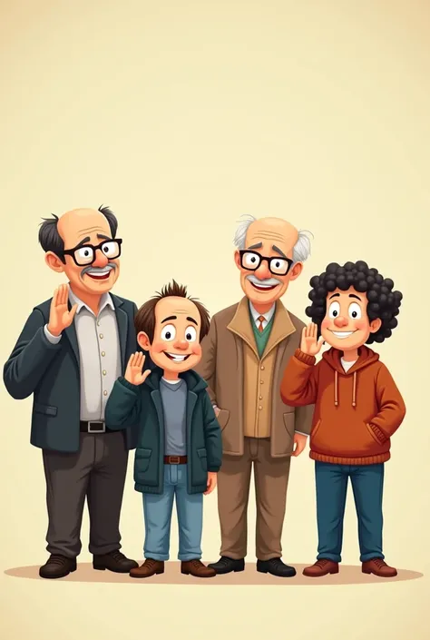 Image of representatives of the cognitivist Jean Piaget,  Jerome Bruner , David Ausubel and Robert Gagné and Albert Bandura in small animated cartoon style, Saluting towards the screen from the front, Pero Chiquitos 