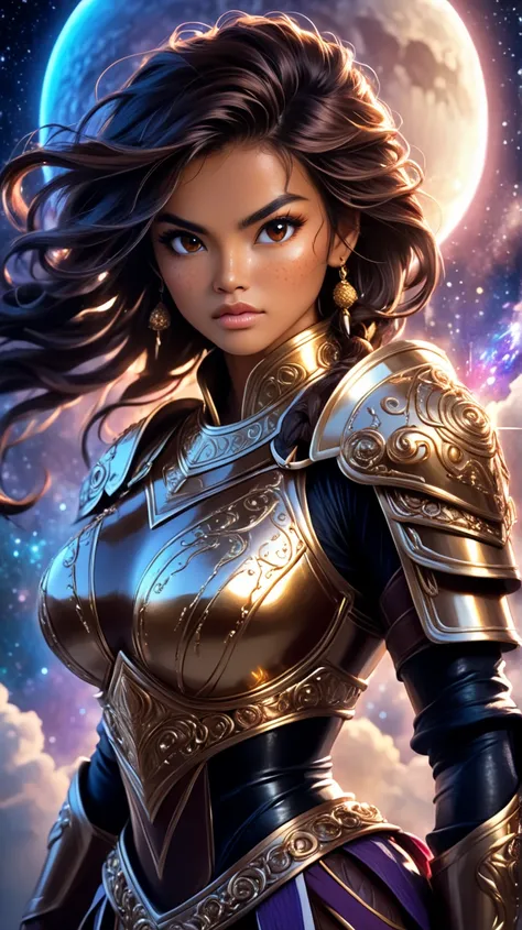 A young, tall, imposing Thai warrior woman, wearing shiny bronze armor that highlights her strong, feminine muscles. Her face is of rare beauty, with elegant features and an expression of determination and strength.
Her skin is a lightly tanned acai brown....