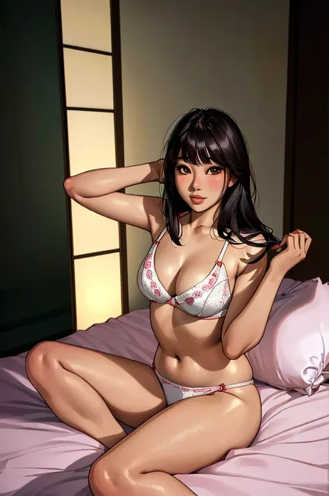 araffe asian woman in a white bra top sitting on a bed, Young Sensual Gravure Idol, japanese model, young pretty gravure idol, Yoshitomo Nara, posing in a bedroom, realistic Young Gravure Idol, Young Gravure Idol, japanese goddess, sophisticated gravure id...