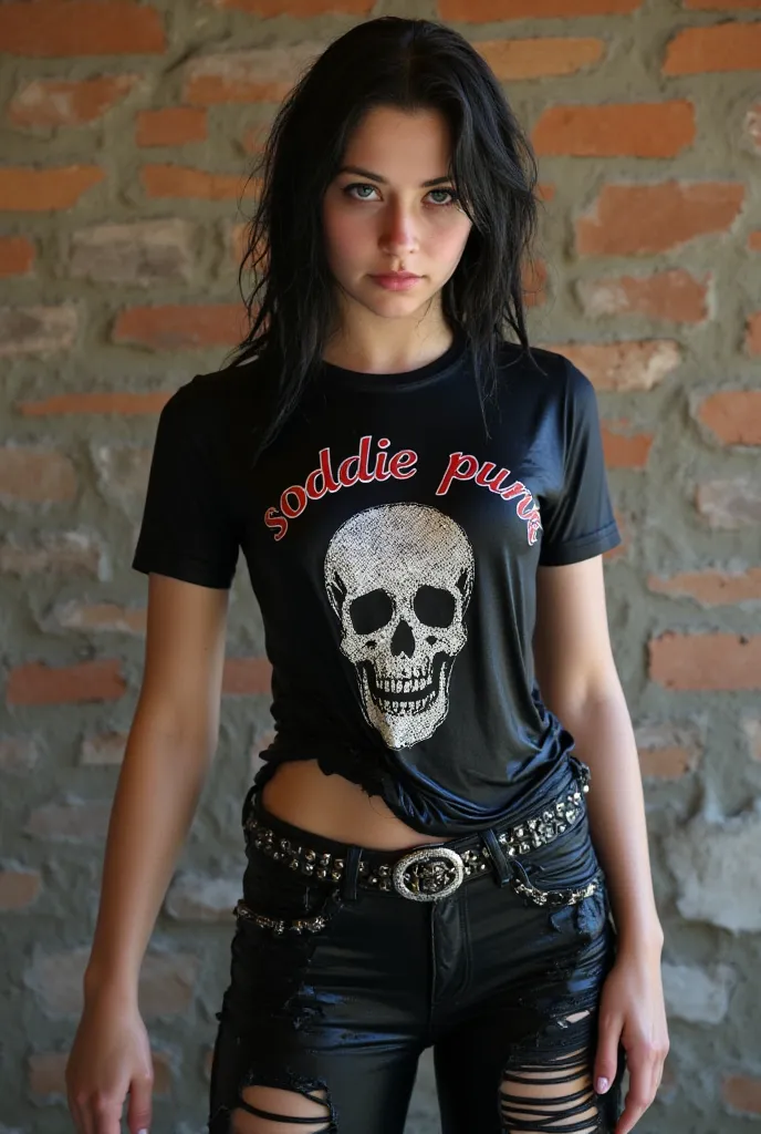 woman with black hair, blue eyes, wearing a black t-shirt with a skull design and the words \"SODDIE PUNK\" along with a studded belt and ripped pants. The background features a brick wall