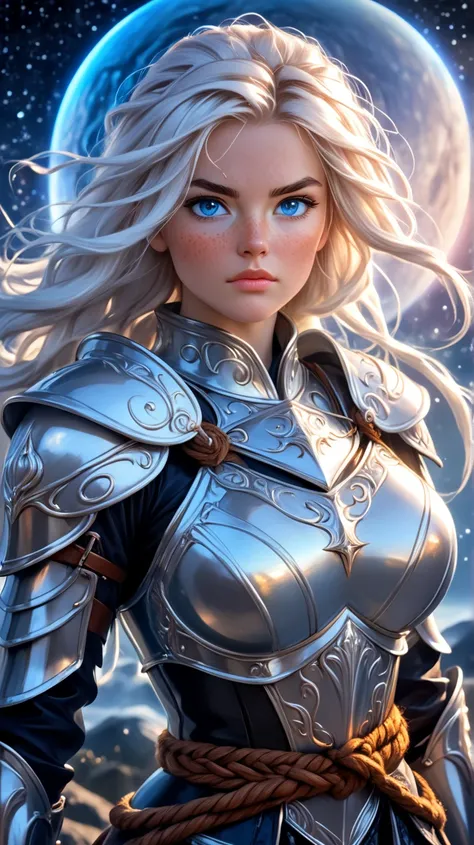 A young Norwegian warrior woman of tall, imposing stature, wearing shining bronze armor that highlights her strong, feminine muscles. Her face is of rare beauty, with elegant features and an expression of determination and strength.
Her skin is extremely m...