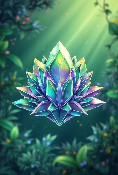 Paint this crystal in a vibrant way with traces of realism in the background I want some green gradient