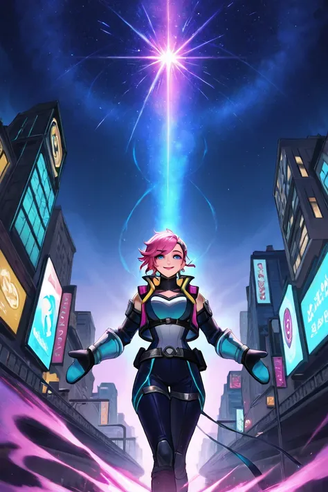 "Create a powerful and action-packed illustration of Vi, a defensora de Piltover e Zaun de League of Legends, atop an elevated bridge. Vi is in a dynamic and aggressive pose, with her giant and shiny Hextec mittens,  combat-ready . She has her characterist...